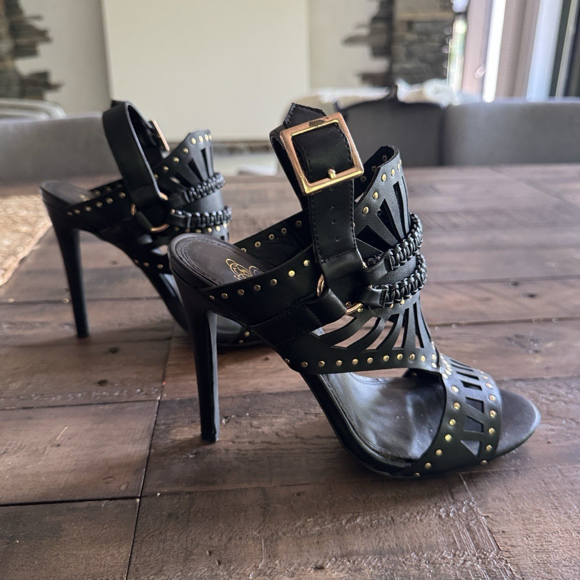 Liliana Women’s Black Faux Leather Studded Strappy Open Toe Heels 7.5