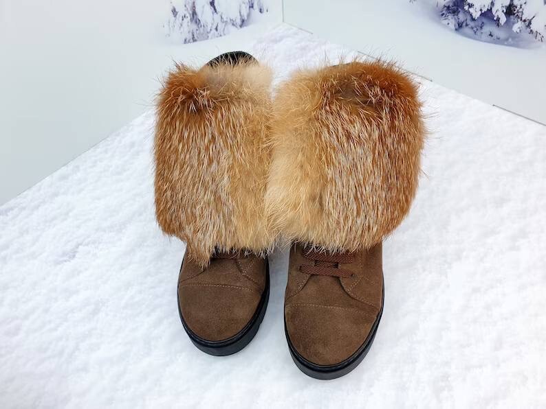 Real fox brown suede demi ankle platform boots for women