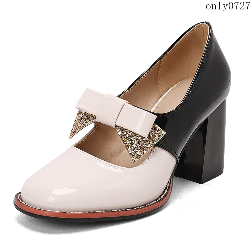 Women’s Colorblock Shiny Faux Leather Bowknot Sequins High Block Heel Shoes Plus