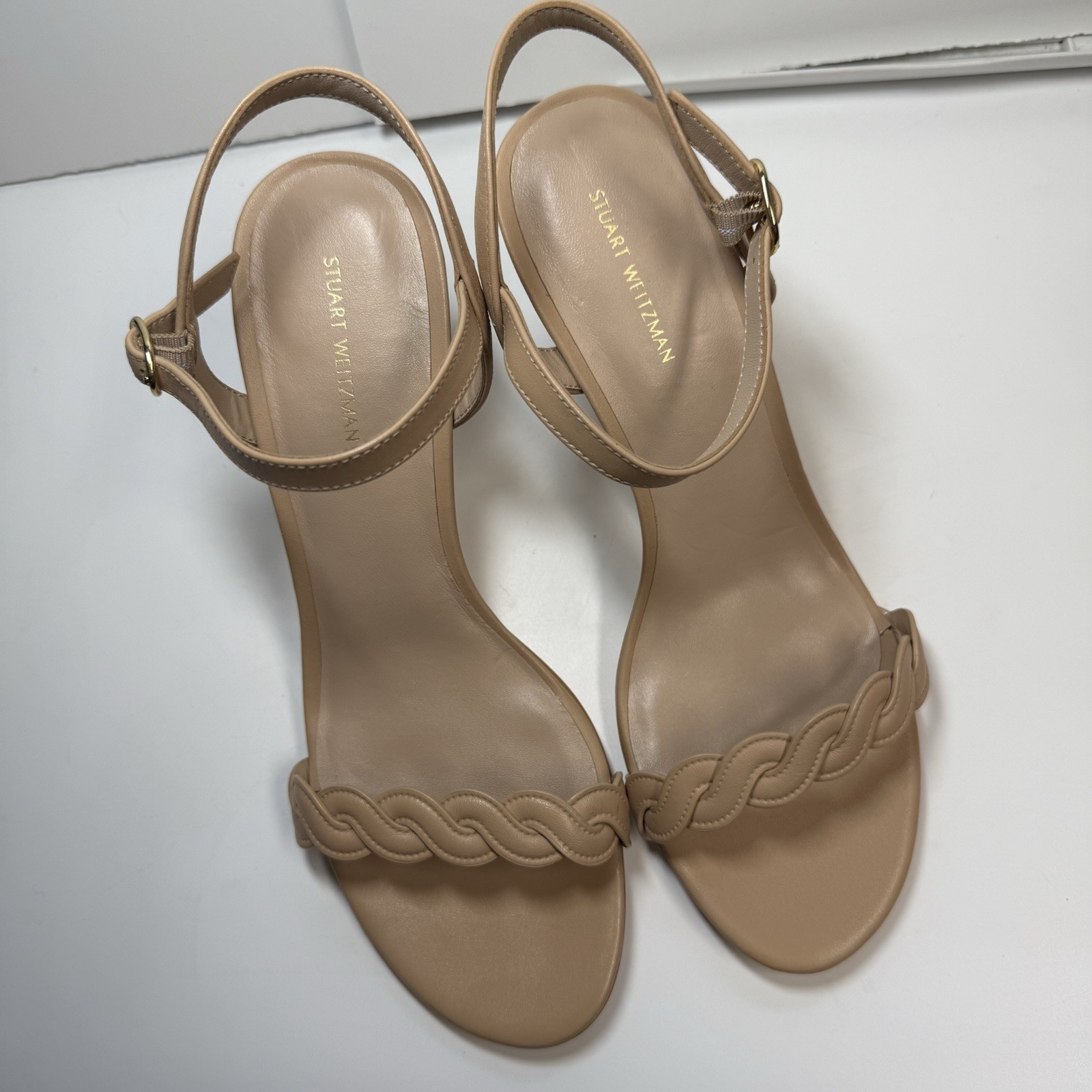 Stuart Weitzman Dancer Twistie Leather Sandal Heels In Golden Beige Sz 9.5 New