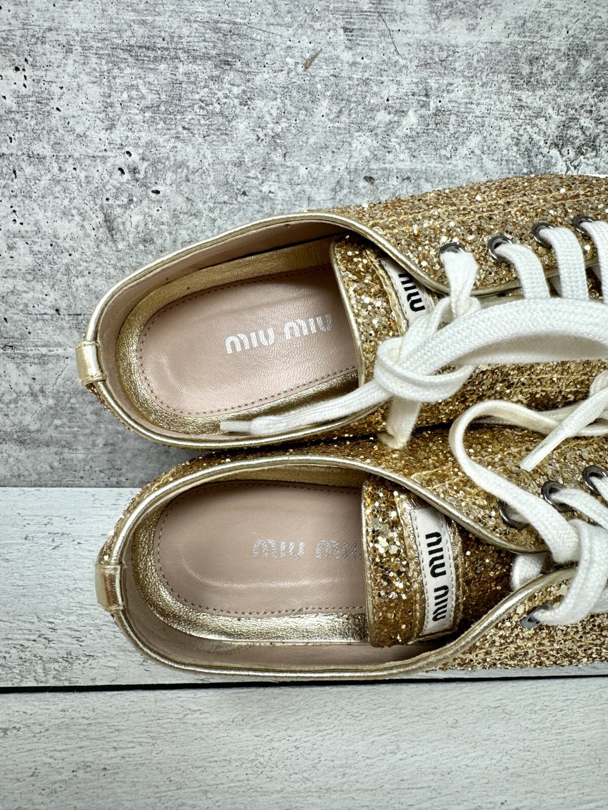MIU MIU GOLD PIRITE GLITTER METAL CAP TOE LOGO SNEAKERS 36