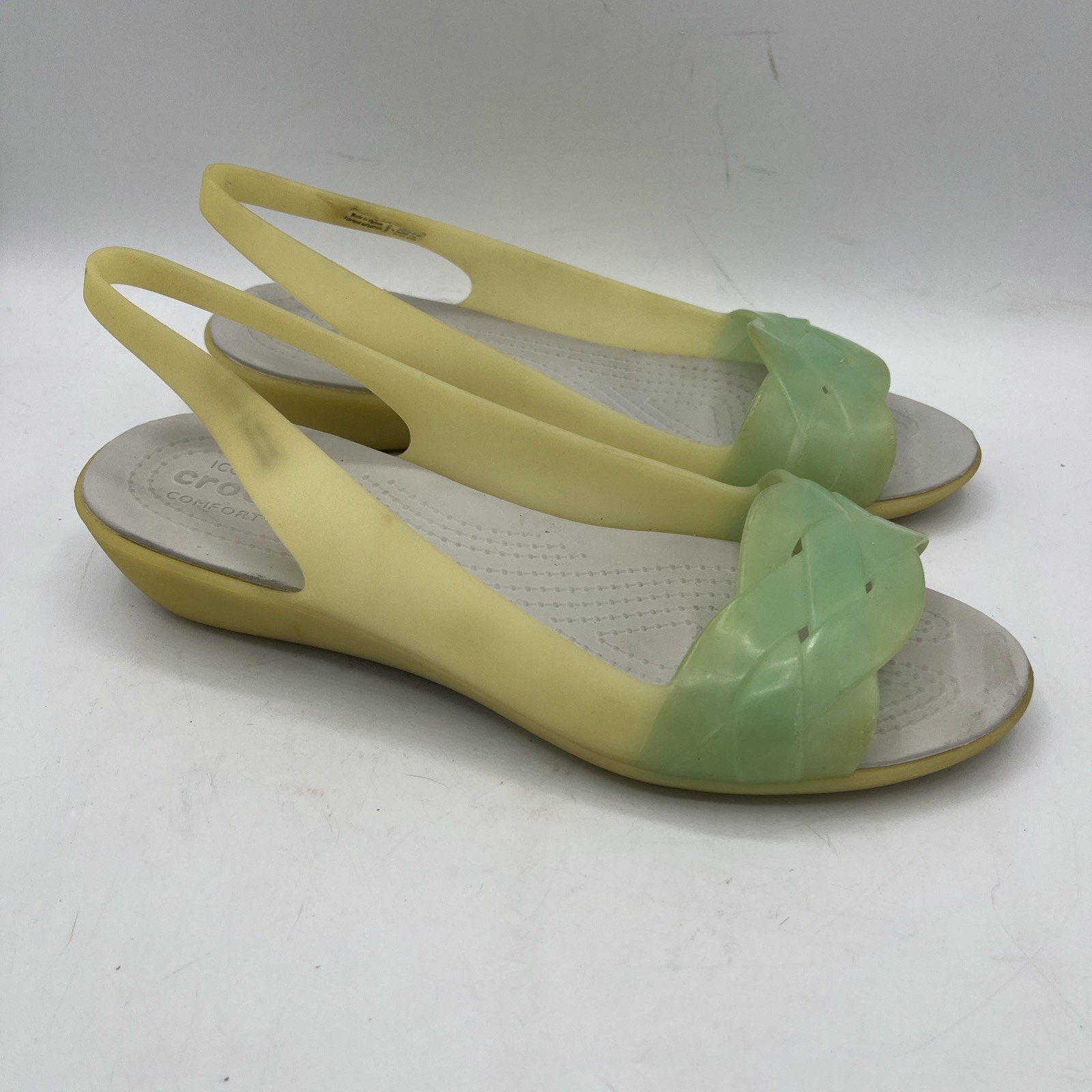 CROCS Isabella Huarache JELLY Yellow Wedge Slingback Sandals Woven Peep Toe Sz 7
