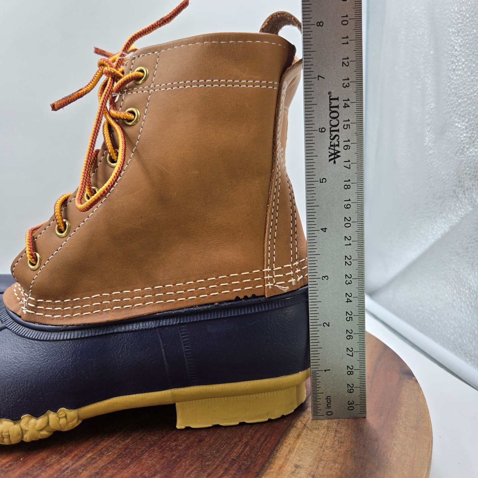LL Bean Duck Boots Women’s 9M Tan Blue Leather Waterproof Rain Hunting USA Muck