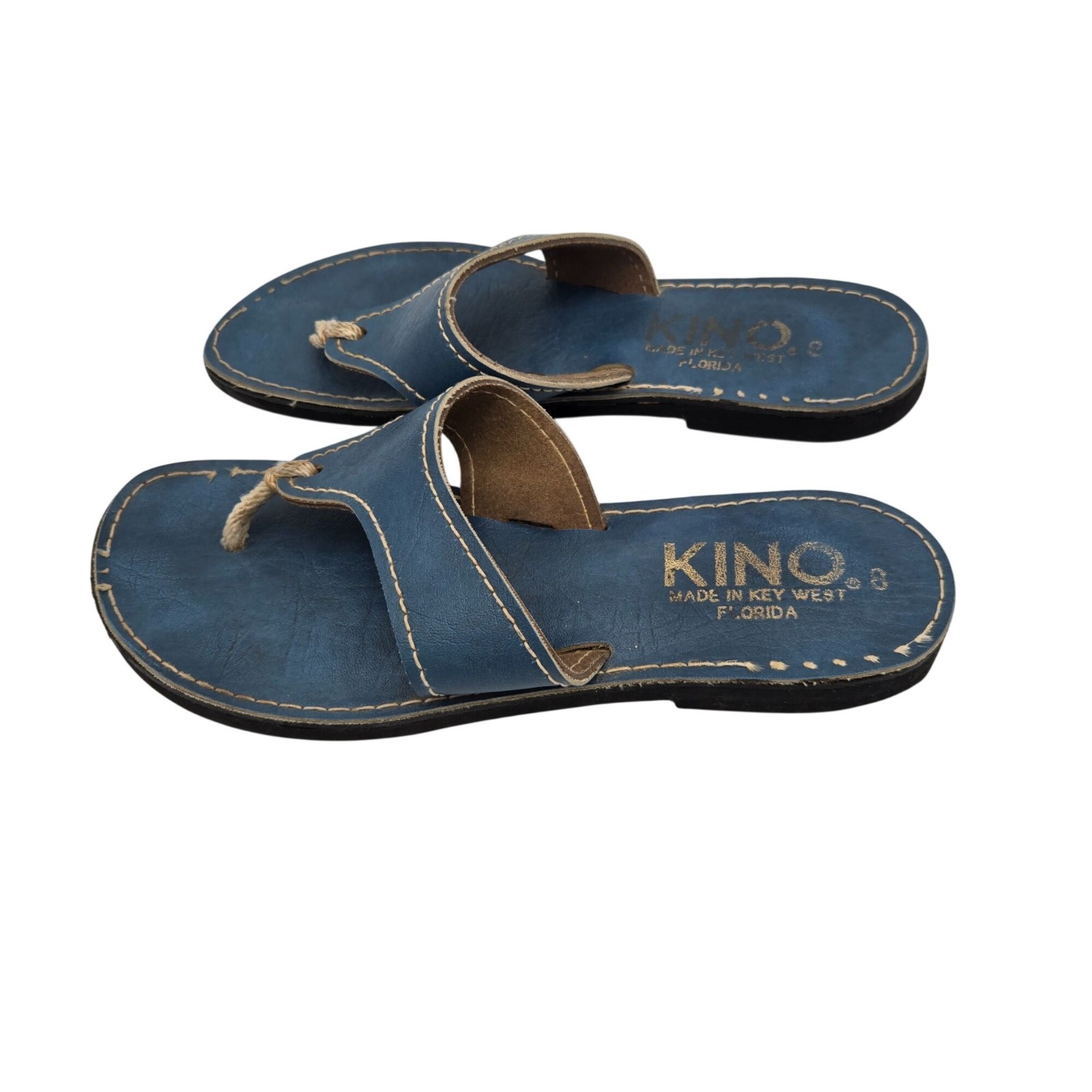 Kino Vintage Blue Leather Flip Flops Size 8 Made In Key West Florida Pre-Owned