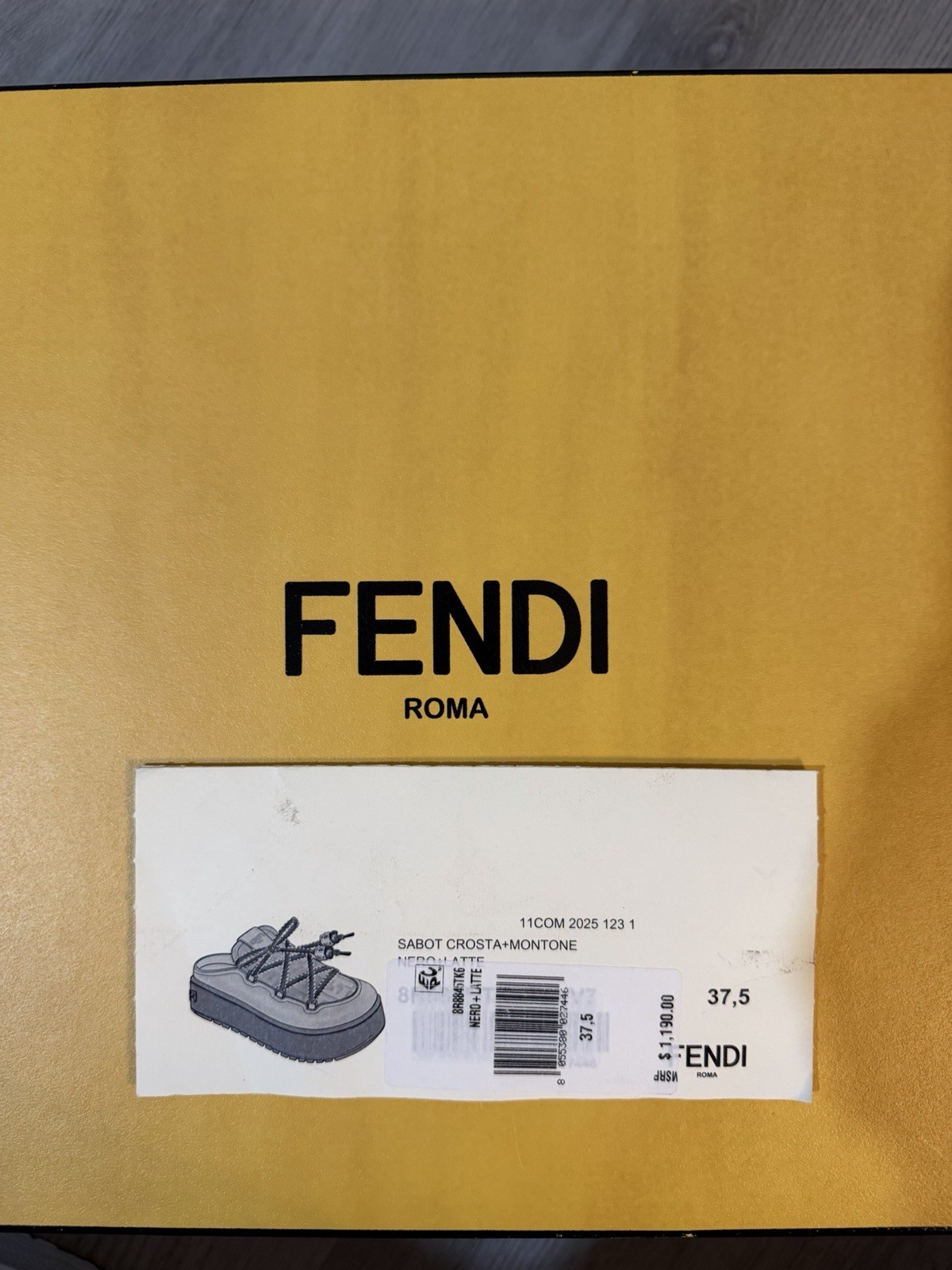 Fendi Roma Sabot Shearling Lined Lace-Up Flat Black/Ivory EU 37.5 US 7.5M