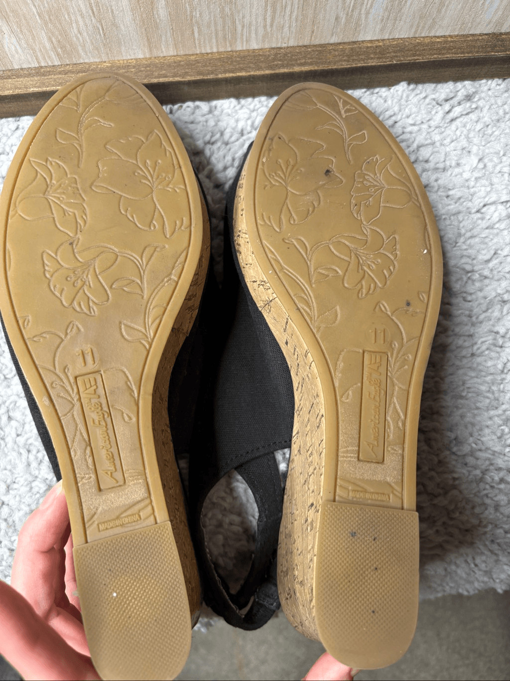 American Eagle Black Cork Wedge Slingback Peep Toe Sandals Size 11
