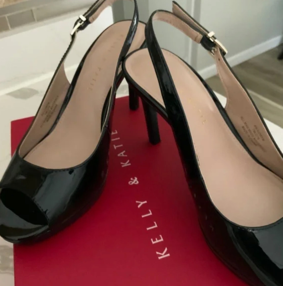 Katie & Kelly Black Peep toe Sling back pump heels, platform 3″covered heels