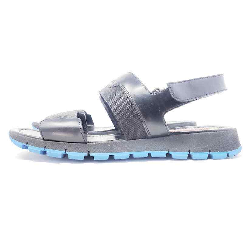 Prada LOGO Sandals Platform Black Leather Blue Rubber Sole Dad Sandals EU 39
