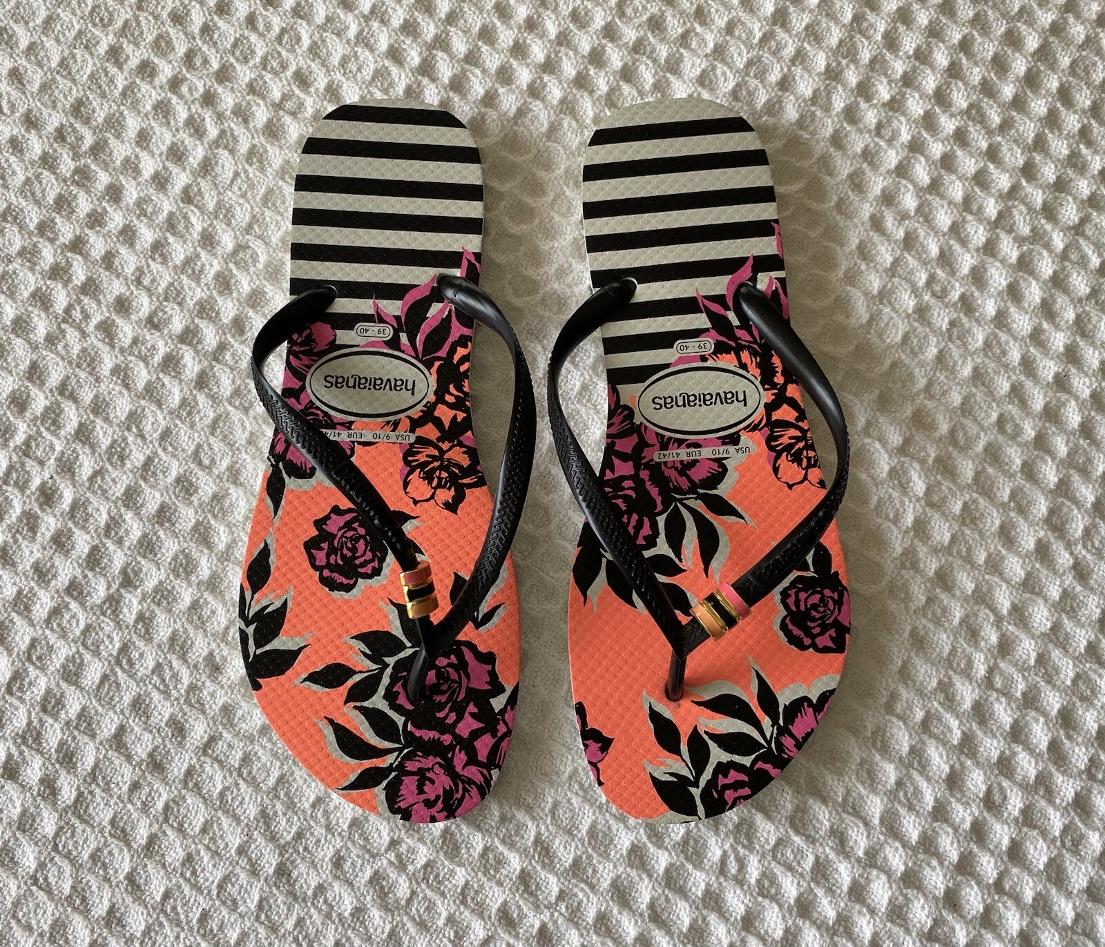 HAVAIANAS Slim Floral Stripe Flip Flops Thong Sandals 39/40 EUR 41/42 USA 9 / 10