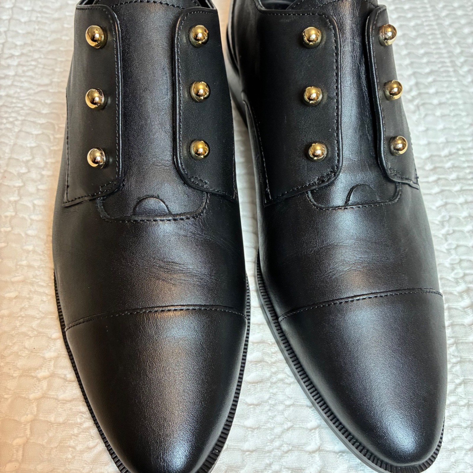 Nine West Wearable Oxfords 8.5 Black Leather Gold Stud Academia Edwardian Whimsi