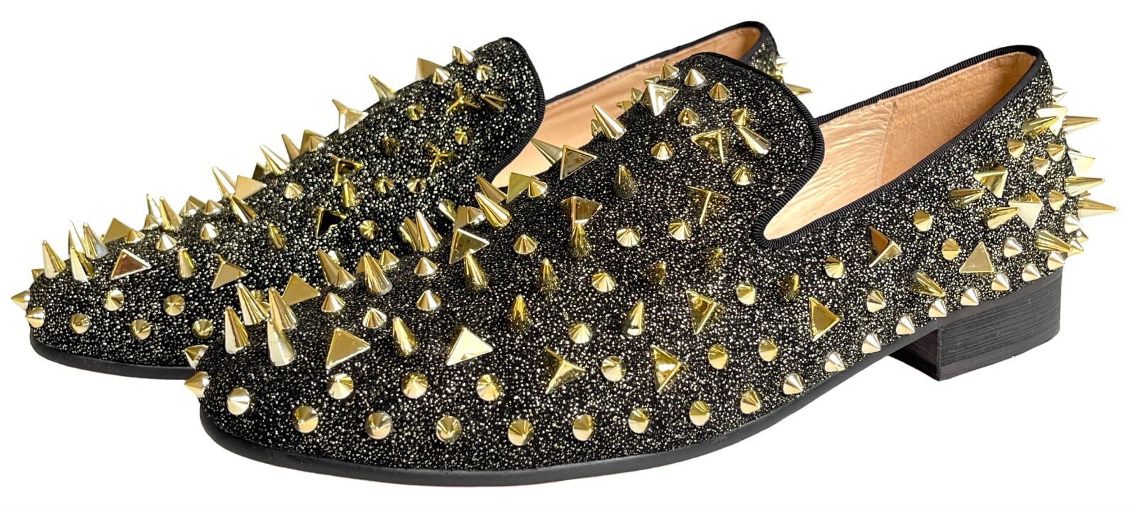 Men’s Gold Spikes Loafers Black Dress Shoes Slip-on Leather Slippers Prom Flats