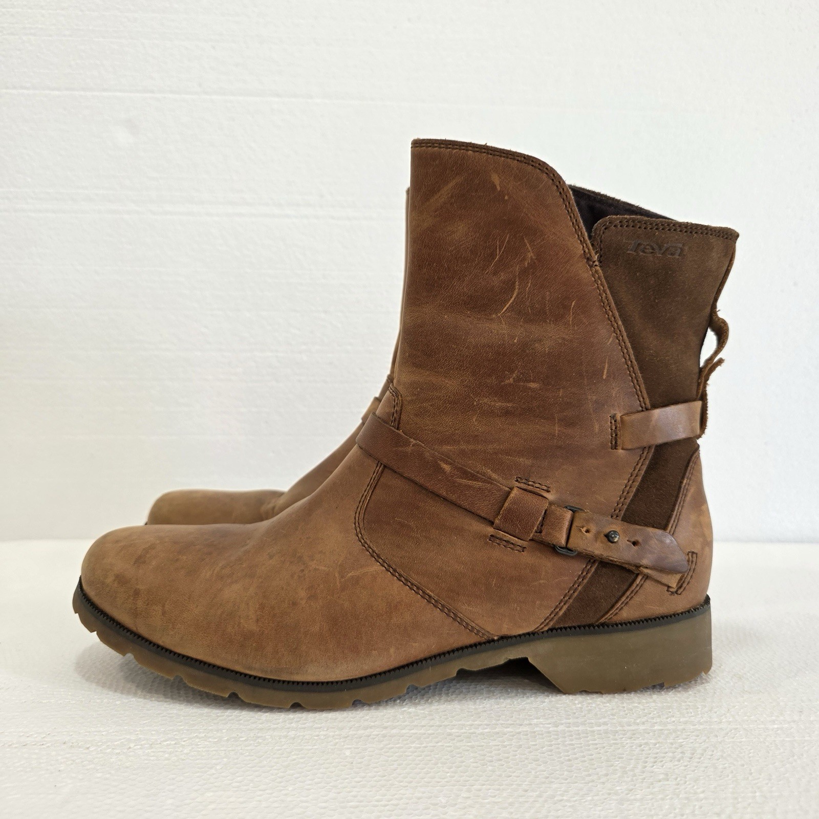 Teva Waterproof Leather Boots Brown Women’s 11 Side Zip Strap Ankle