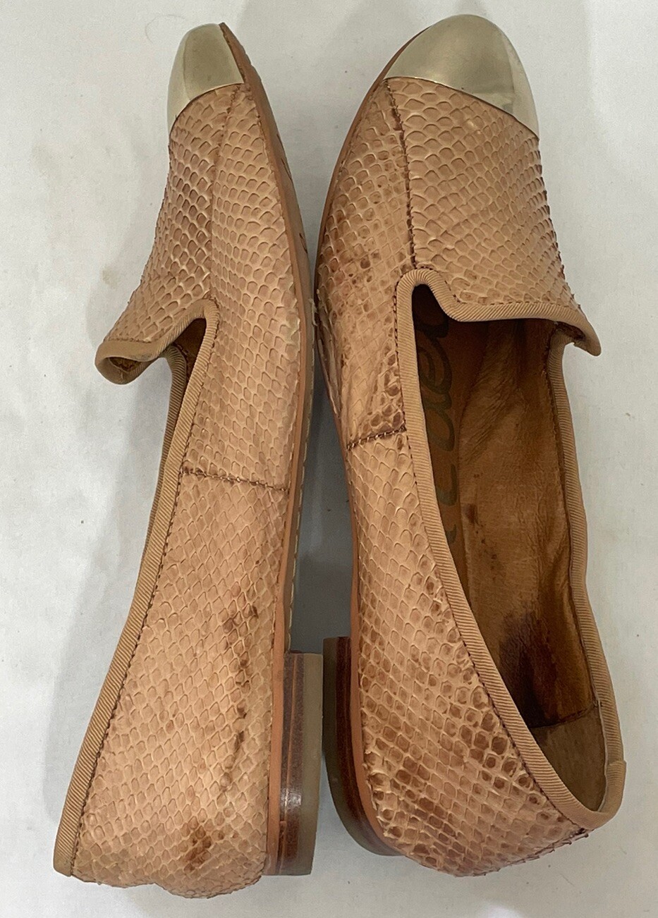 Sam Edelman Flats 7 M Gold Metallic Cap Toe Snakeskin Pattern Slip On