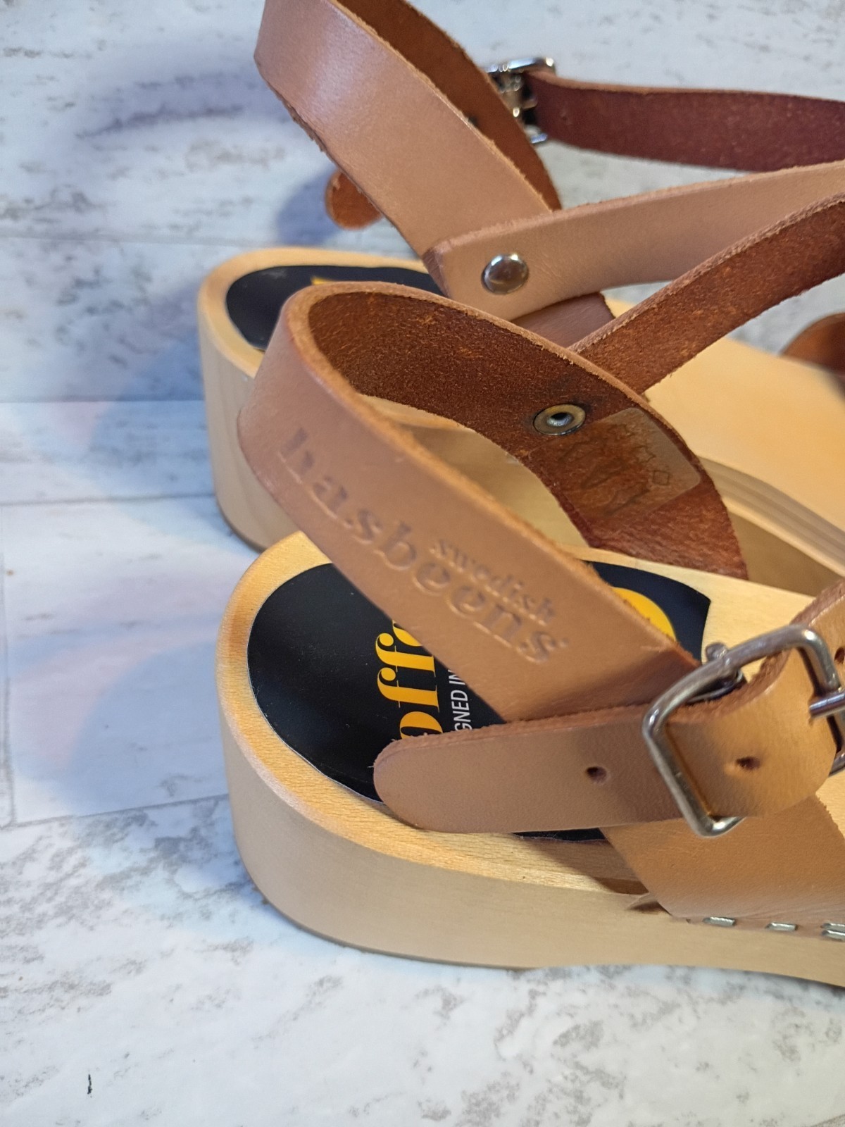 Swedish Hasbeens Wood Clogs Womens 38 Brown Leather Peep Toe Sandals Boho