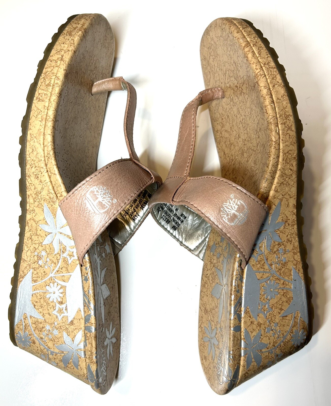 TIMBERLAND Cork Wedge Flip Flop SIZE 9 Tan Leather Thong Slip On Sandal Floral