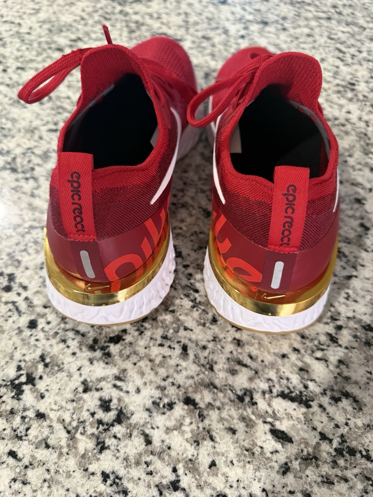 Size 9.5 – Nike Epic React Flyknit University Crimson, Metallic Gold, White