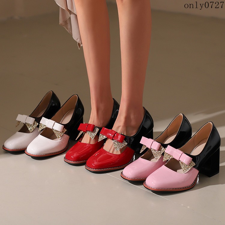 Women’s Colorblock Shiny Faux Leather Bowknot Sequins High Block Heel Shoes Plus