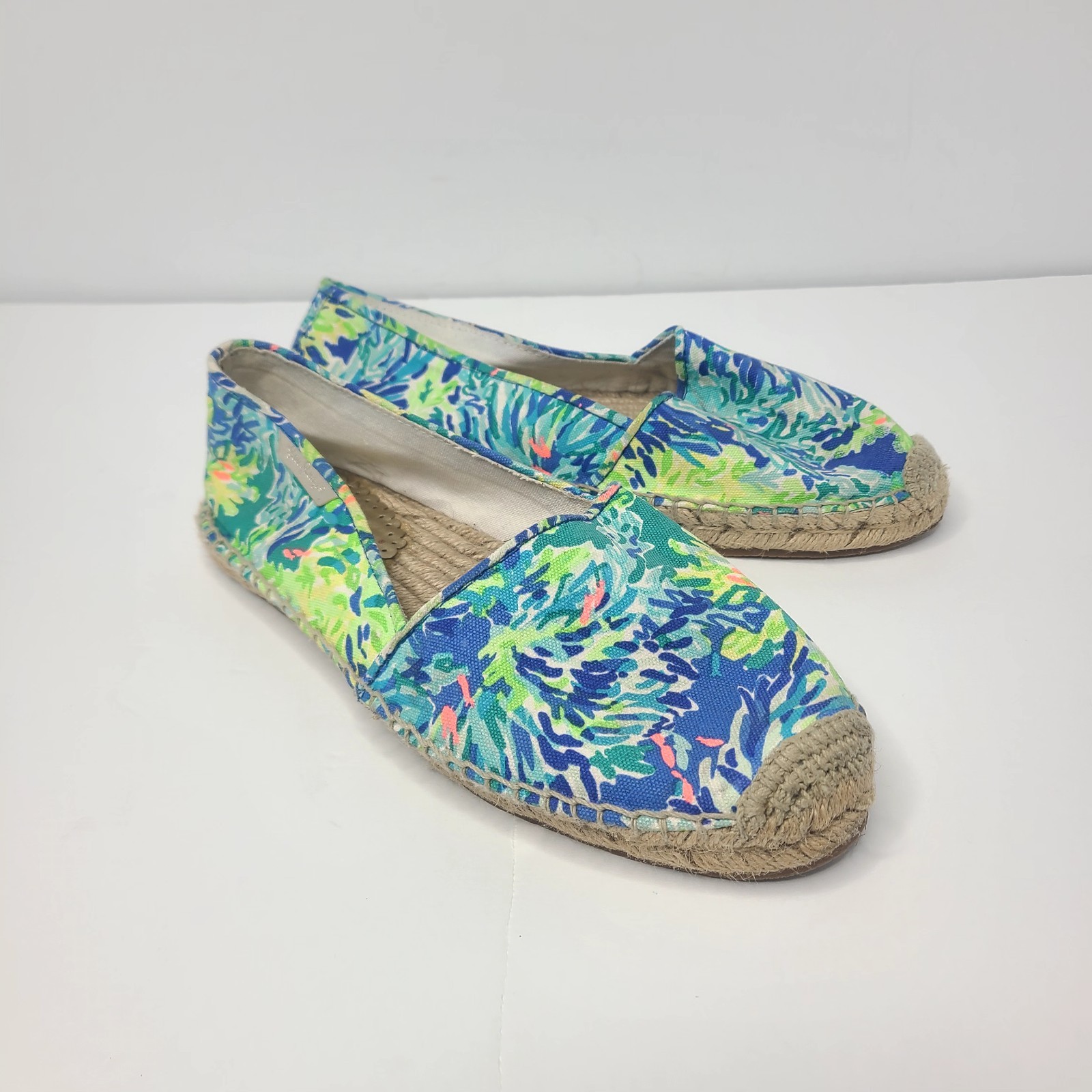 LILLY PULITZER Lia Espadrille Flats Wade and Sea Blue Green Floral Slip On Sz 9