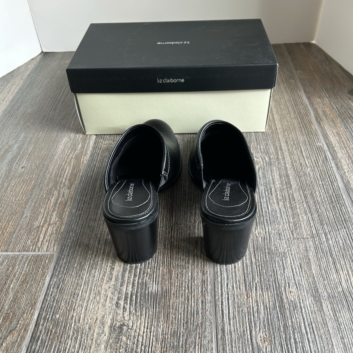 NIB Vintage Liz Claiborne «Wheeler» Sz 8M Black Leather Slip On Mule 2.5 » Heel