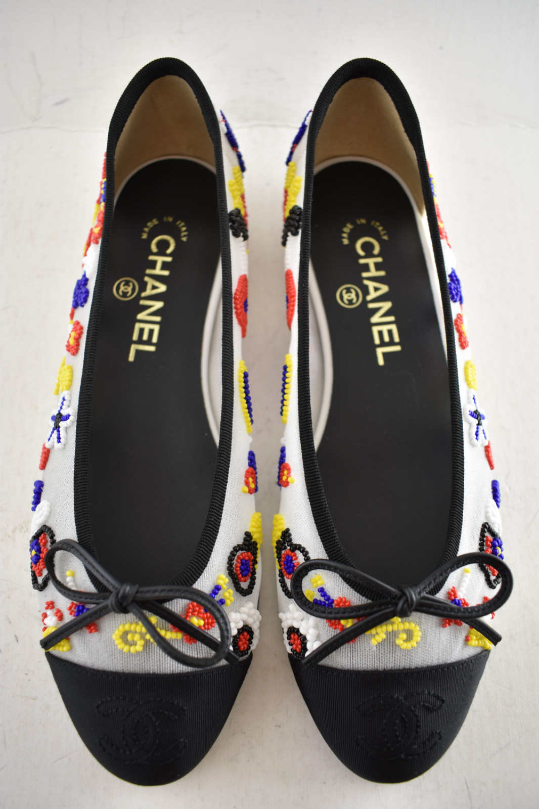 Chanel 26M Coco Beach Mesh Beaded Pearls Black CC Logo Ballet Ballerina Flat 37