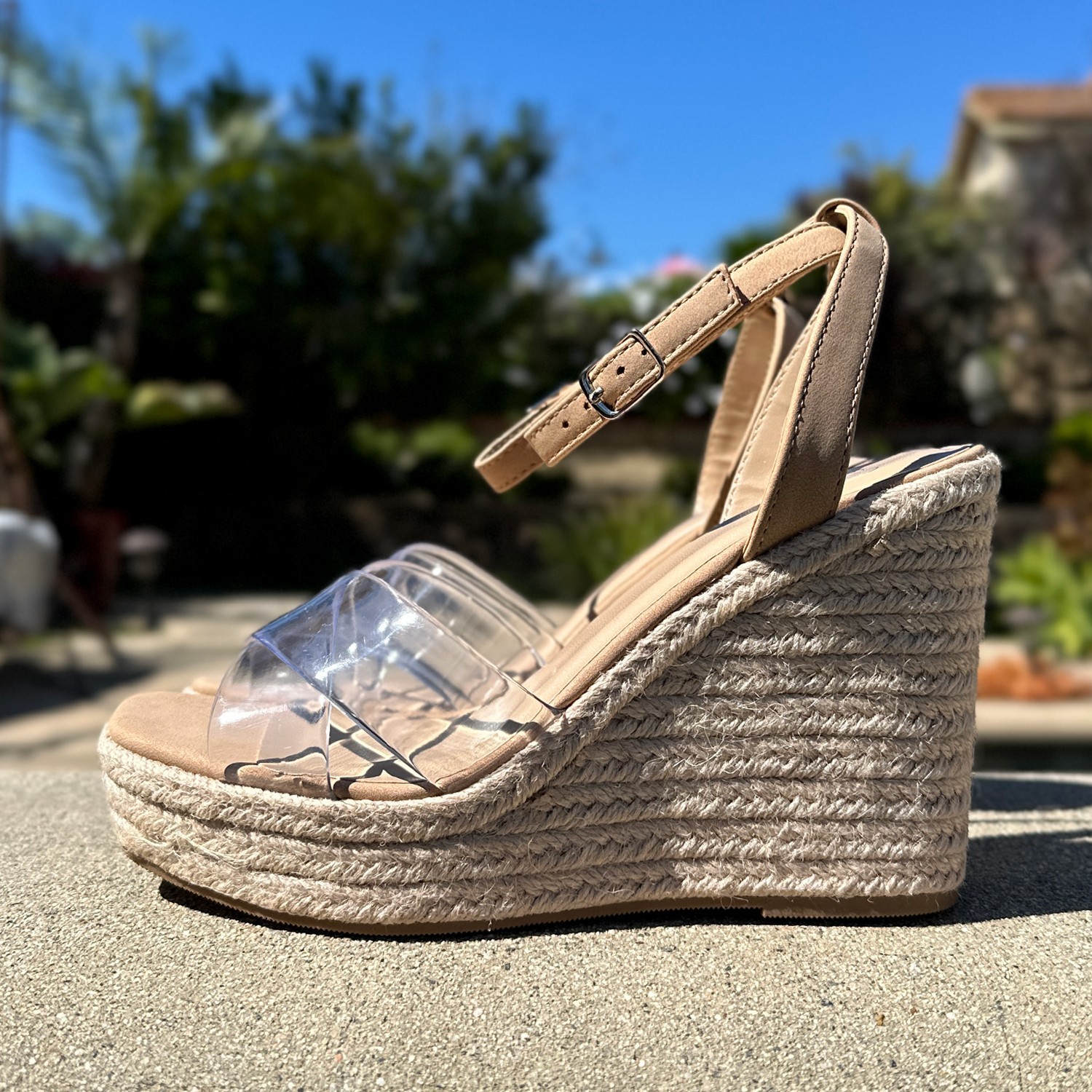 New Transparent Natural Raffia Espadrille Sandal Ankle Strap Platform Wedge Heel