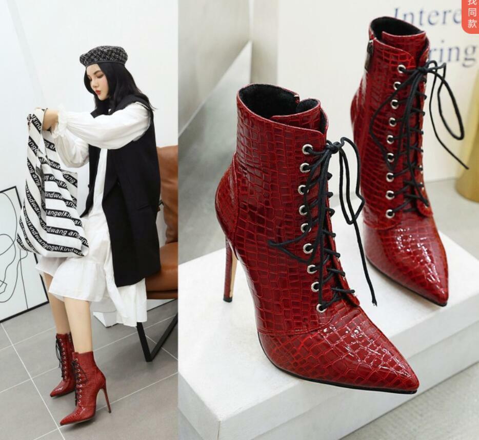 Snakeskin Pattern Women’s Lace Up Ankle Boots Stilettos Heels Shoes Pointed Toe
