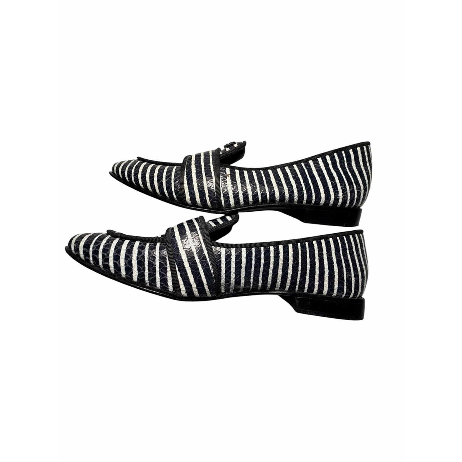 Tory Burch Evette Penny Loafers Striped Black & White Leather Loafers Sz 5.5