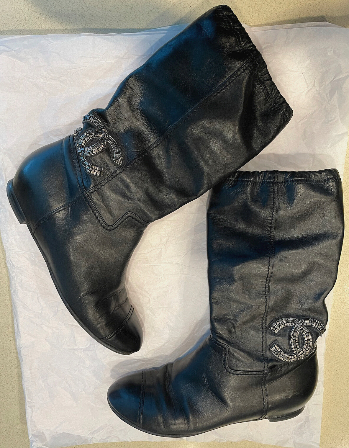 ❤️CHANEL Authentic Leather Boots 37 Beaded Crystal CC Logo Pull Up Booties Shoes