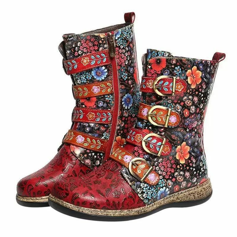 Women’s Retro Floral Biker Flat Ankle Combat Boots Faux Leather Zip Buckle Shoes