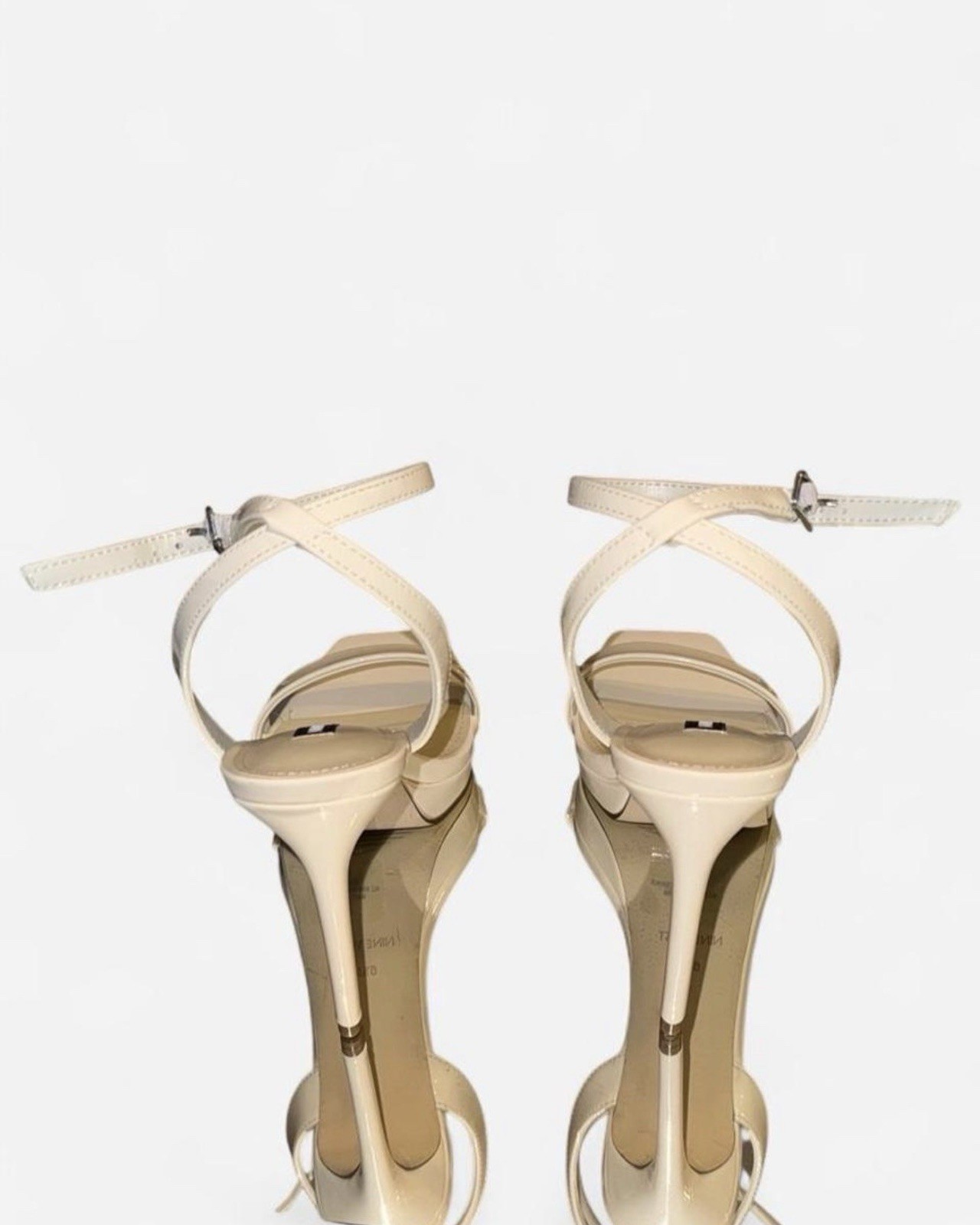 Nine West Women’s Beige Patent Leather Strappy Ankle Strap Open Toe Stiletto 6.5