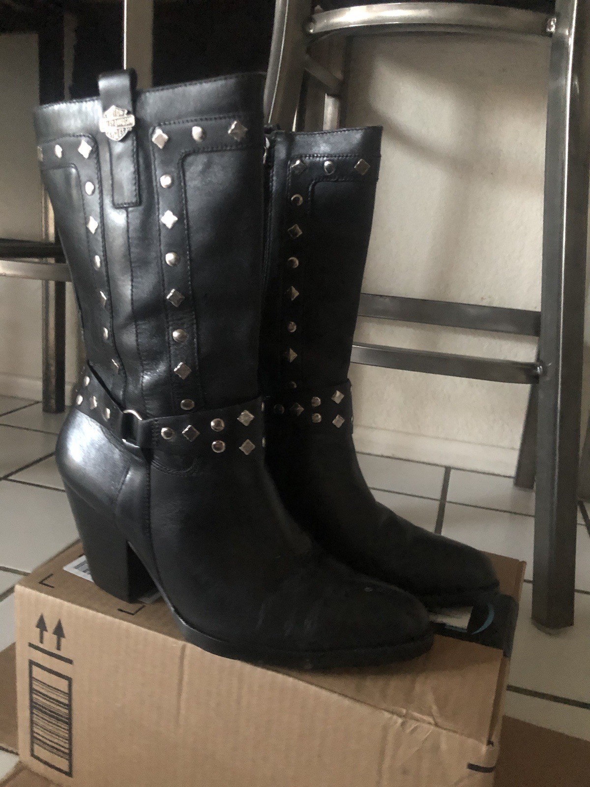 Harley Davidson Western Studded Cowboy Boots Womens 8 Black Logo Zipper Leather