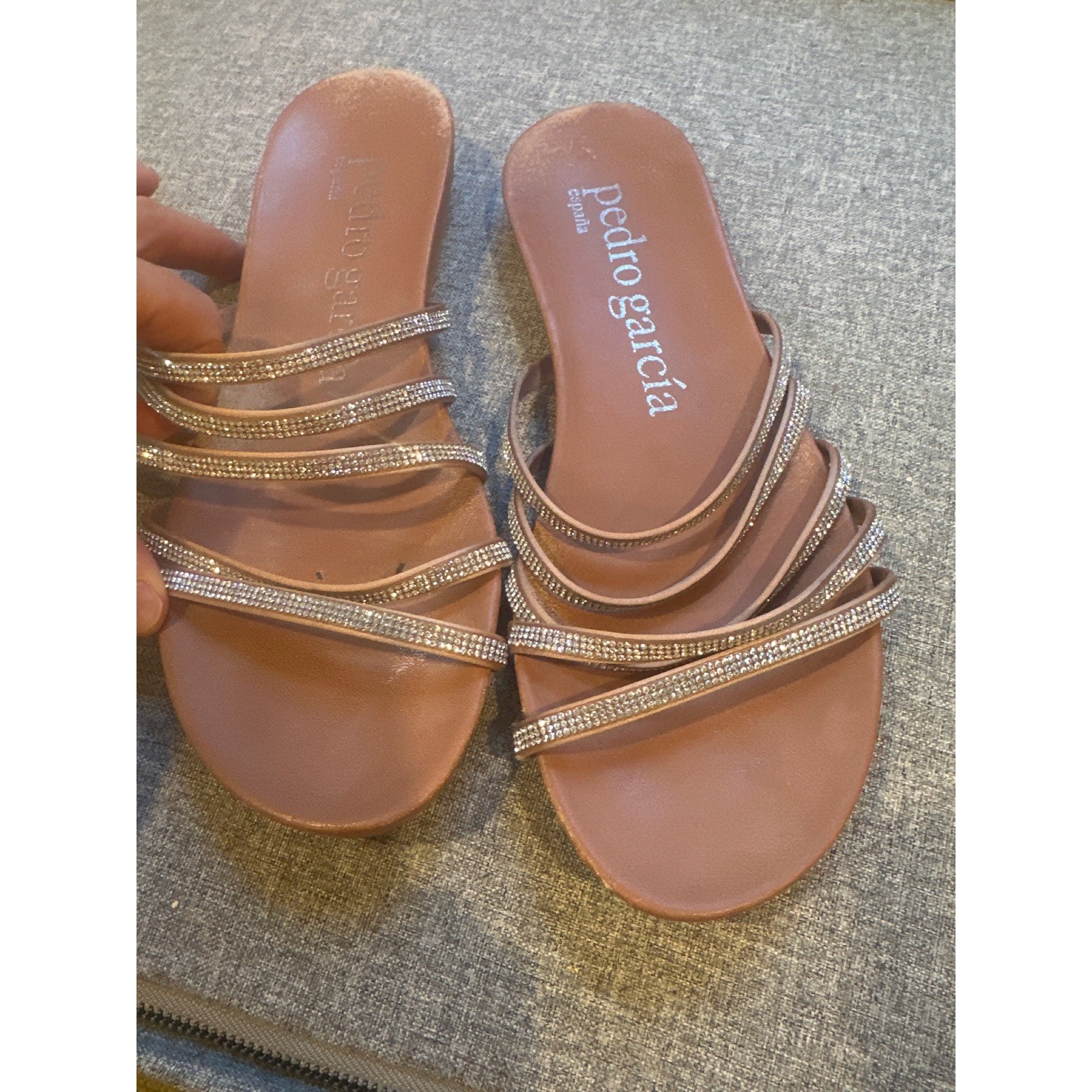 Pedro Garcia Swarovski Crystal Strappy Slide Sandals Tan Satin Made in Spain 37