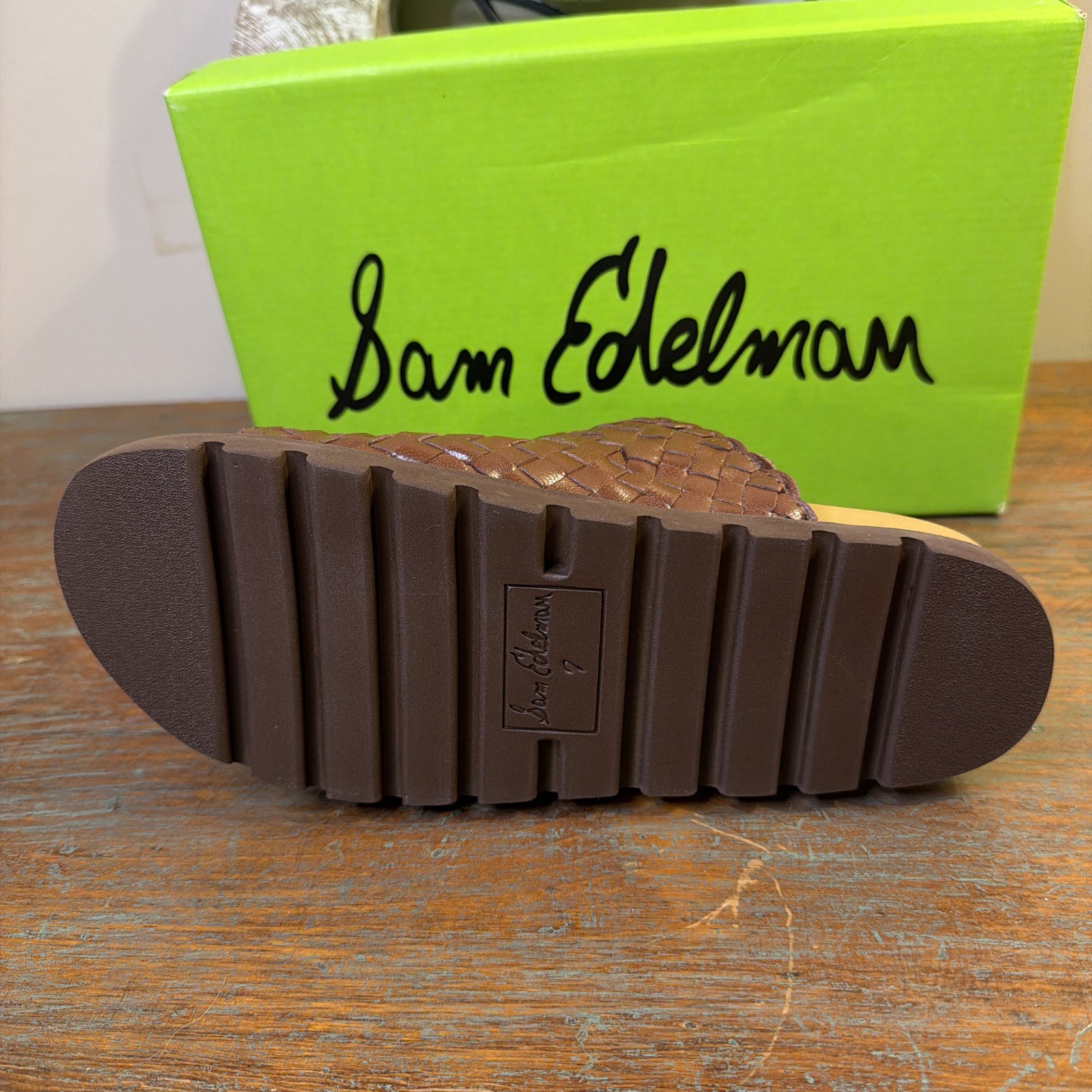 New With Box~ Sam Edelman Tiffanie Woven Leather Slides In Brandy Color. Size 7.