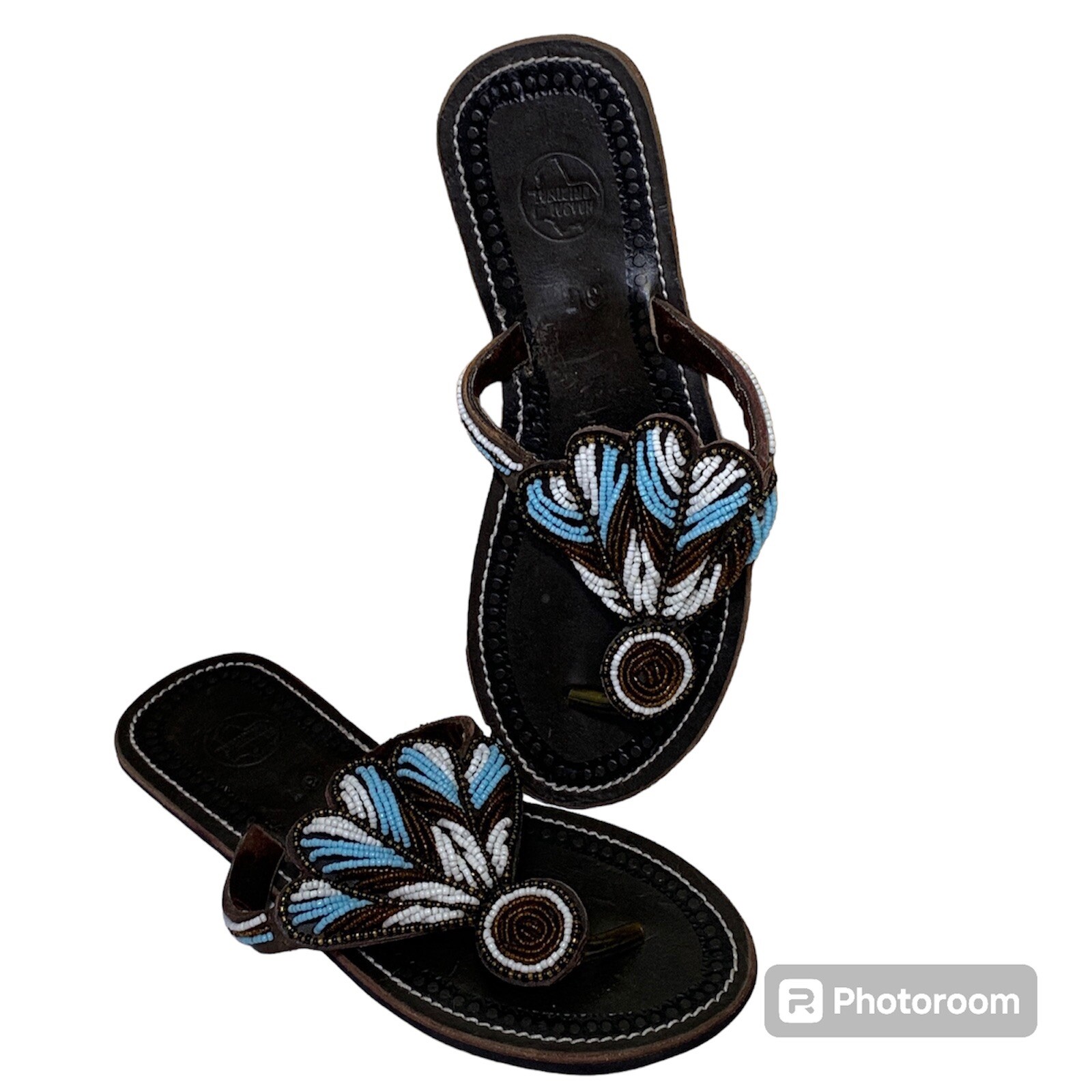 Hand Tooled Leather Sandals Thong Flip Flop Seed Bead Bohemian Size 37 US 6.5