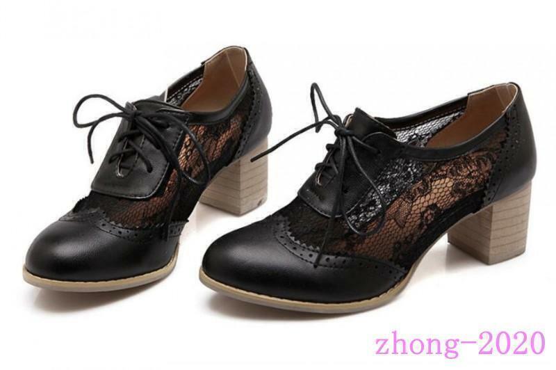 Sweet Women Block Heels Lace Up Mesh Court Brogue Shoes Sandal College Pumps New