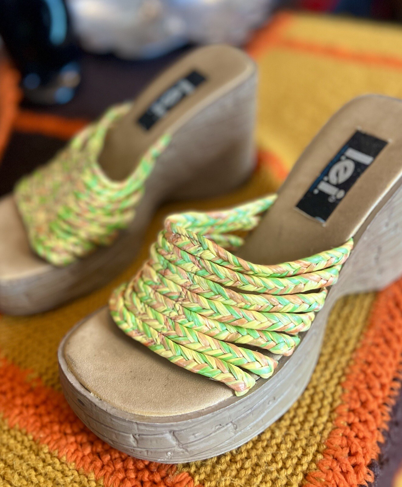 Y2K Used LEI Platform Wedges Woven Beachy Boho Hippie Summer Heeled Sandal 7.5