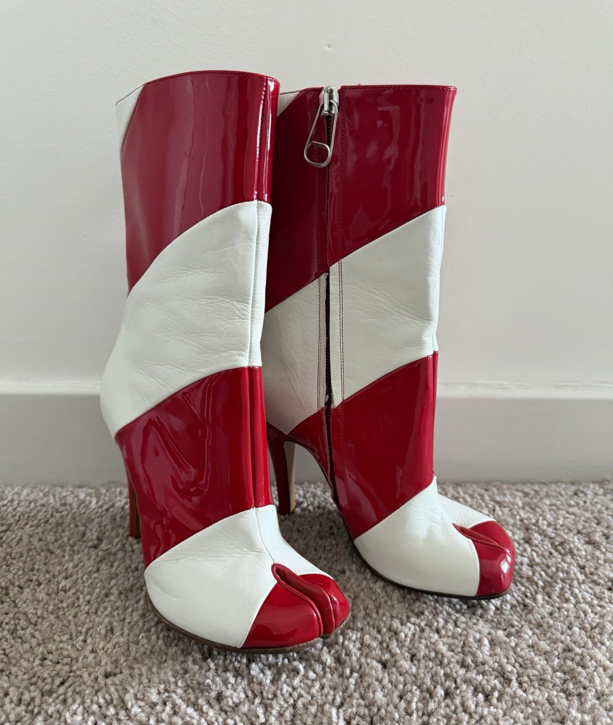 Women’s Size 5 Red/White Colorblock Patent Leather Mid-Calf Peep Toe Zip Boots