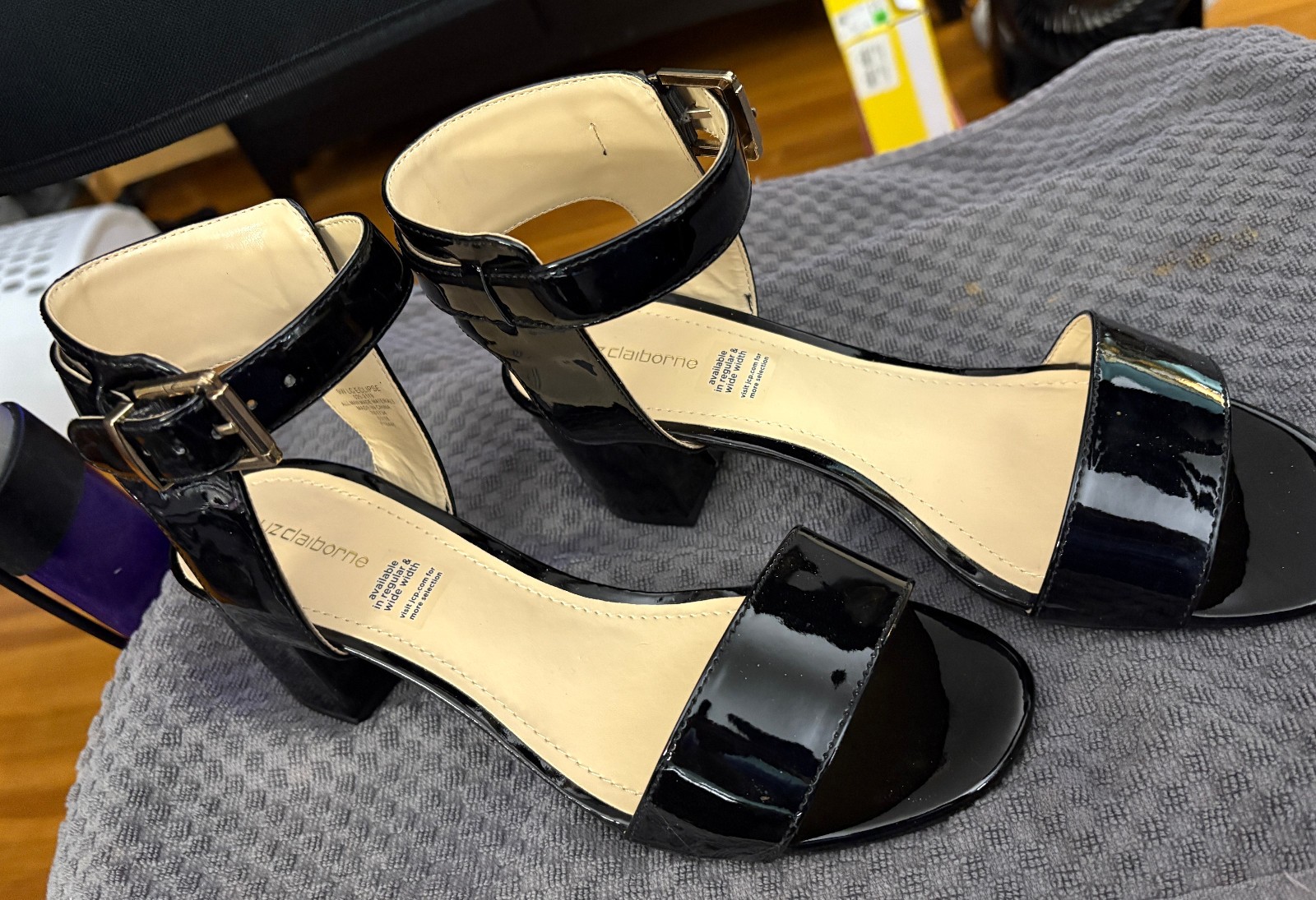 LC Eclipse Black Patent Sandals with Ankle Strap – 9 Wide