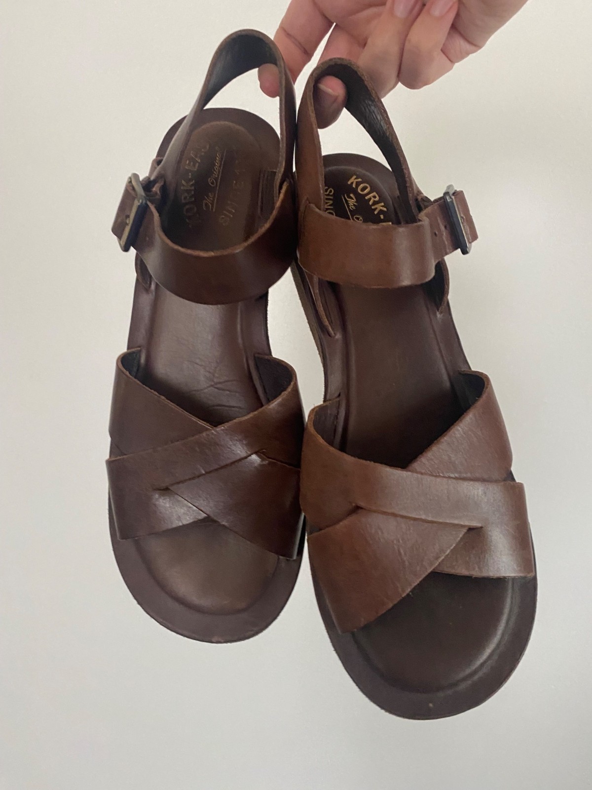 Kork-Ease Brown Leather Wedge Sandals With Adjustable Strap Size 9