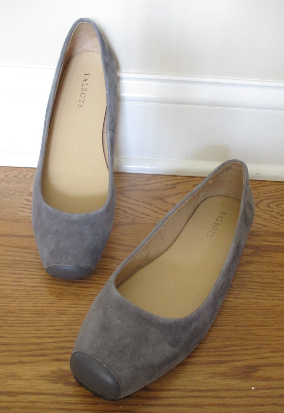 TALBOTS Women GRAY Suede Leather BALLET Pointe Flats SHOES Square Toes 9.5M