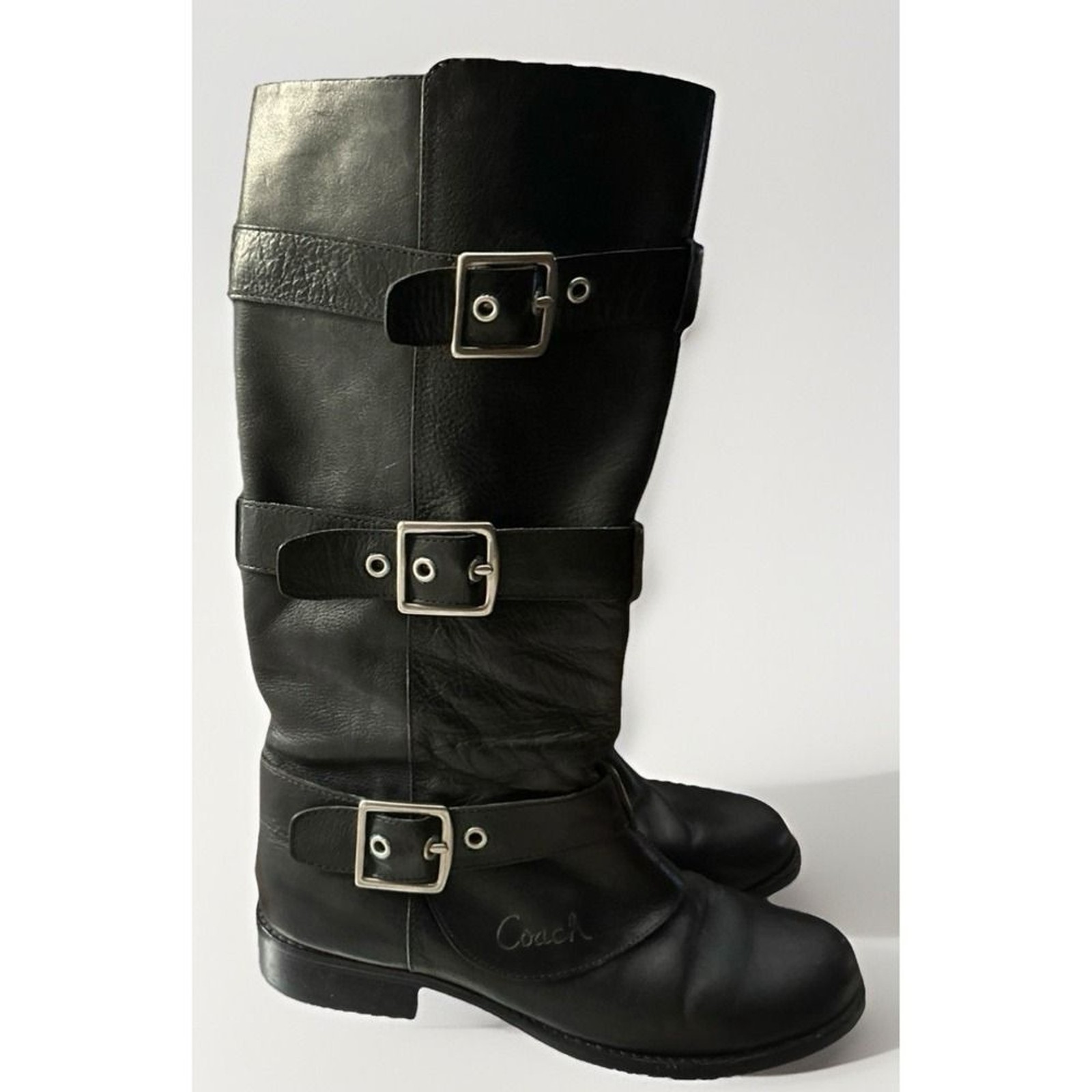 Coach Jordan Riding Boots Black Three Buckle Silver Tall Logo Equestrian Sz 9 B