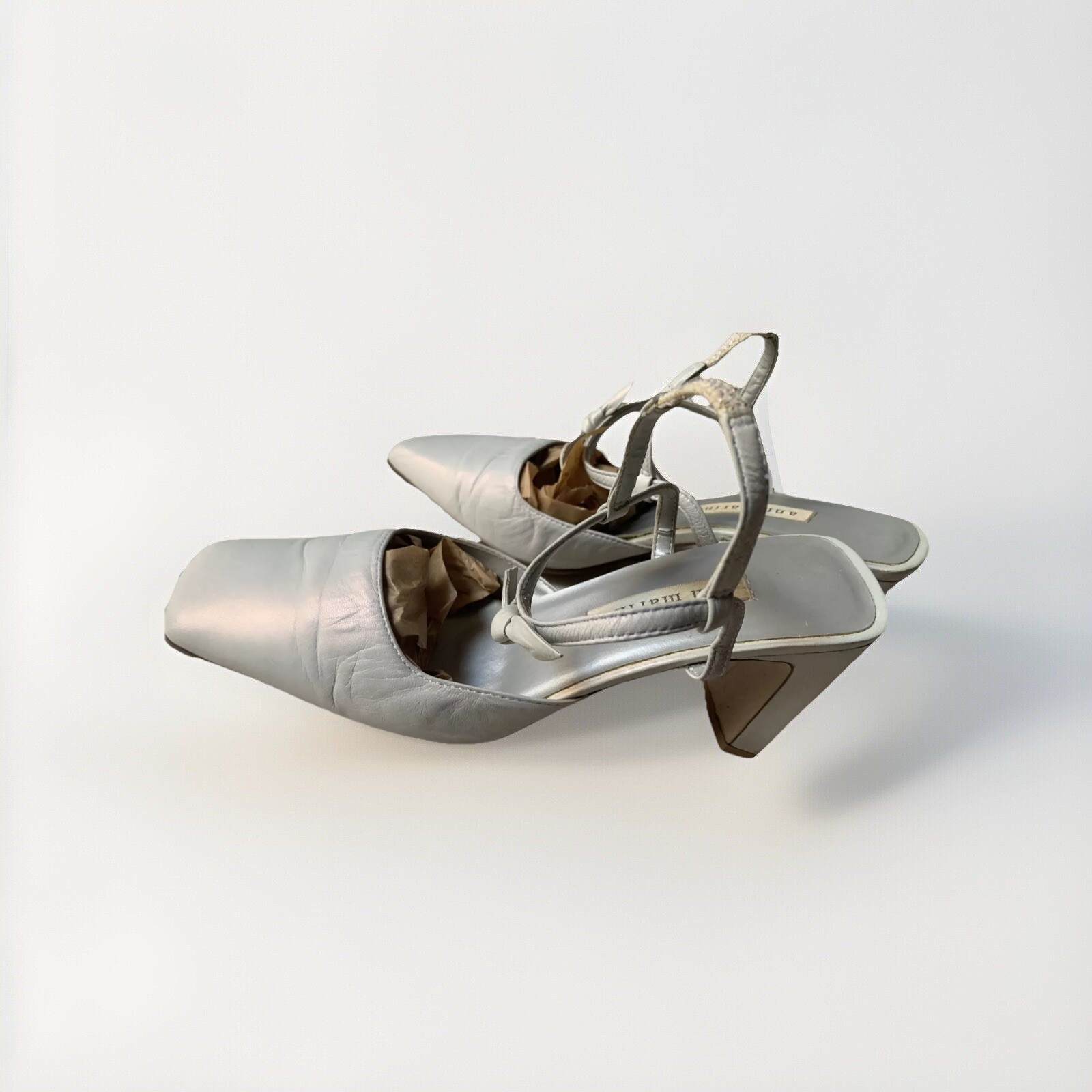 Size 7 White Pearl Leather Ann Marino Heels Ankle Strap Bow