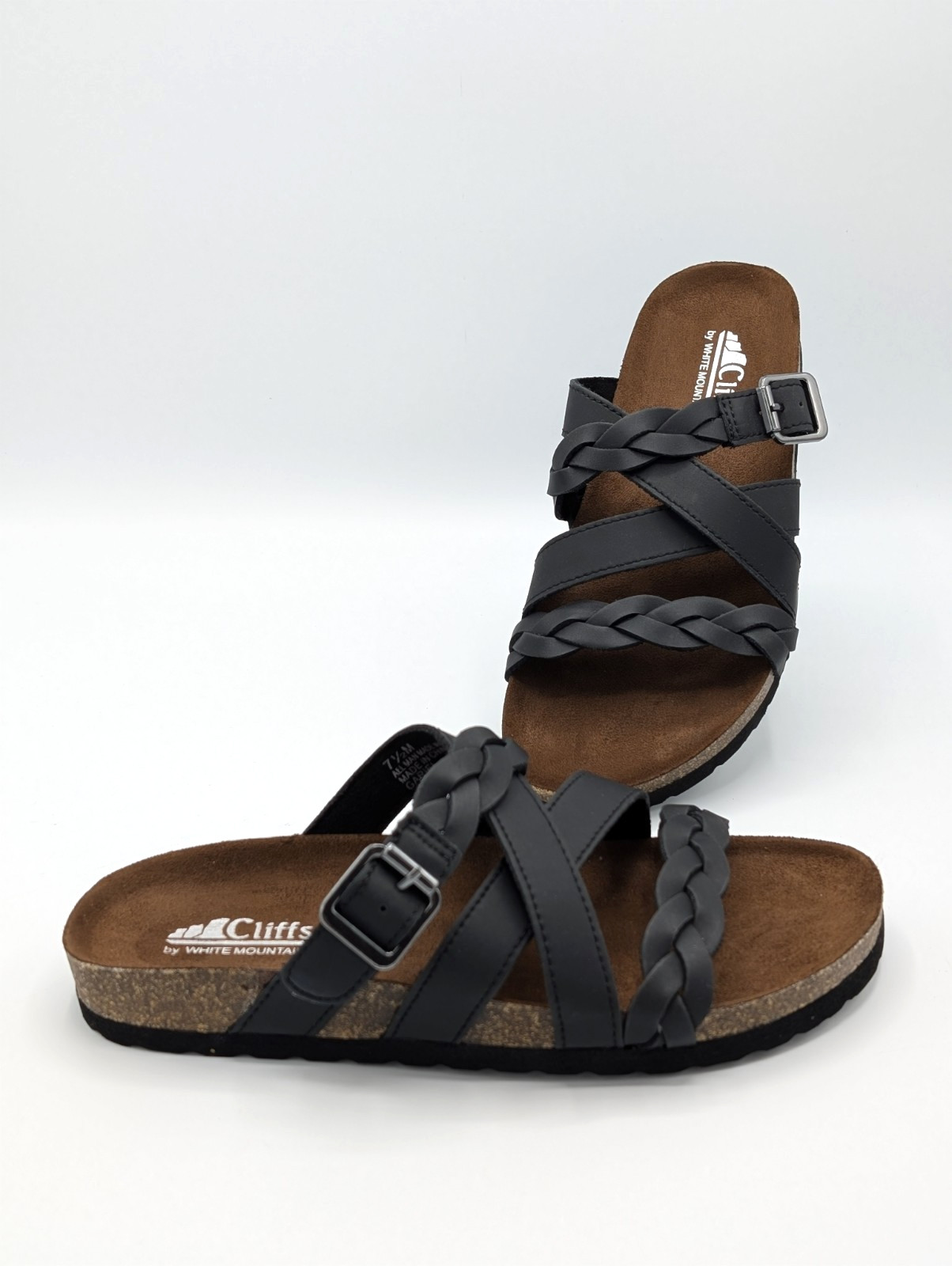 Cliffs by White Mountain Sandals Women 8 Black Braided Strap Slide Cork Footbed