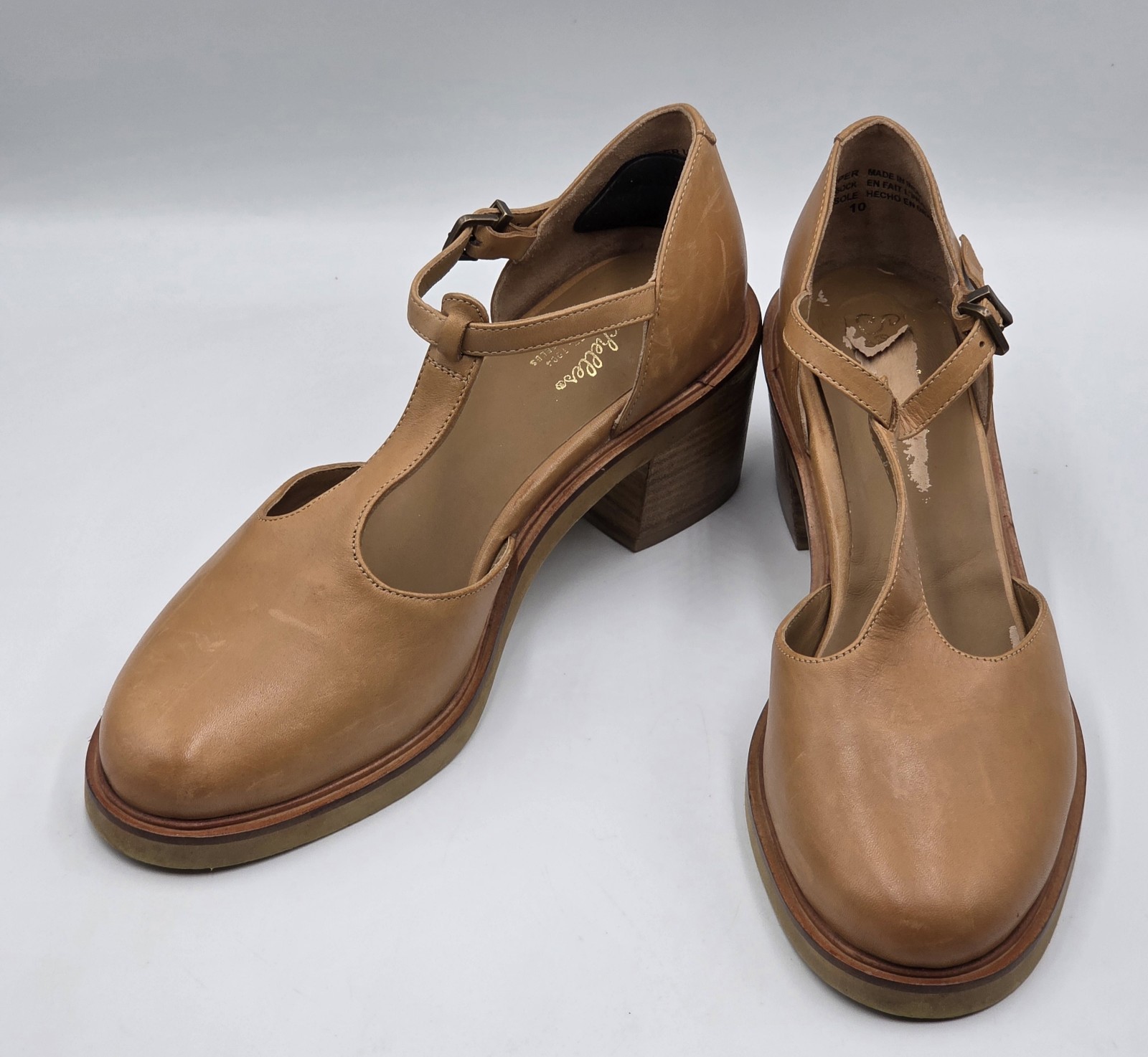 Seychelles Soulmate Size 10 Tan Leather T-Strap Mary Jane Block Heel Pumps 2.5in
