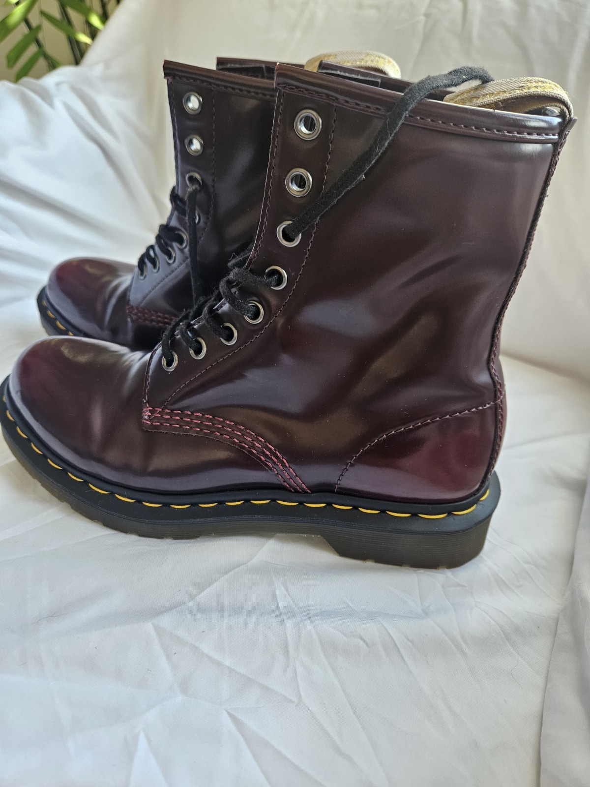 Dr. Martens Vegan Burgundy Lace-Up Combat Ankle Boots, women’s US 8 Round Toe