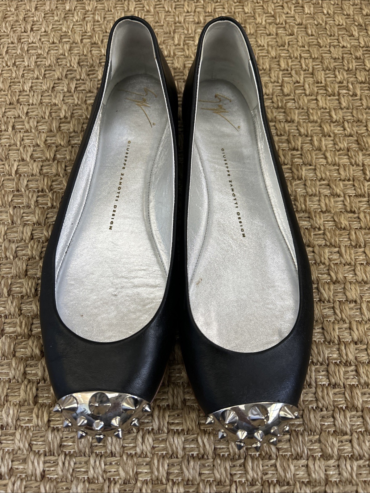 GIUSEPPE ZANOTTI Studded Round Toe Ballet Flats~Black/Silver~ 40