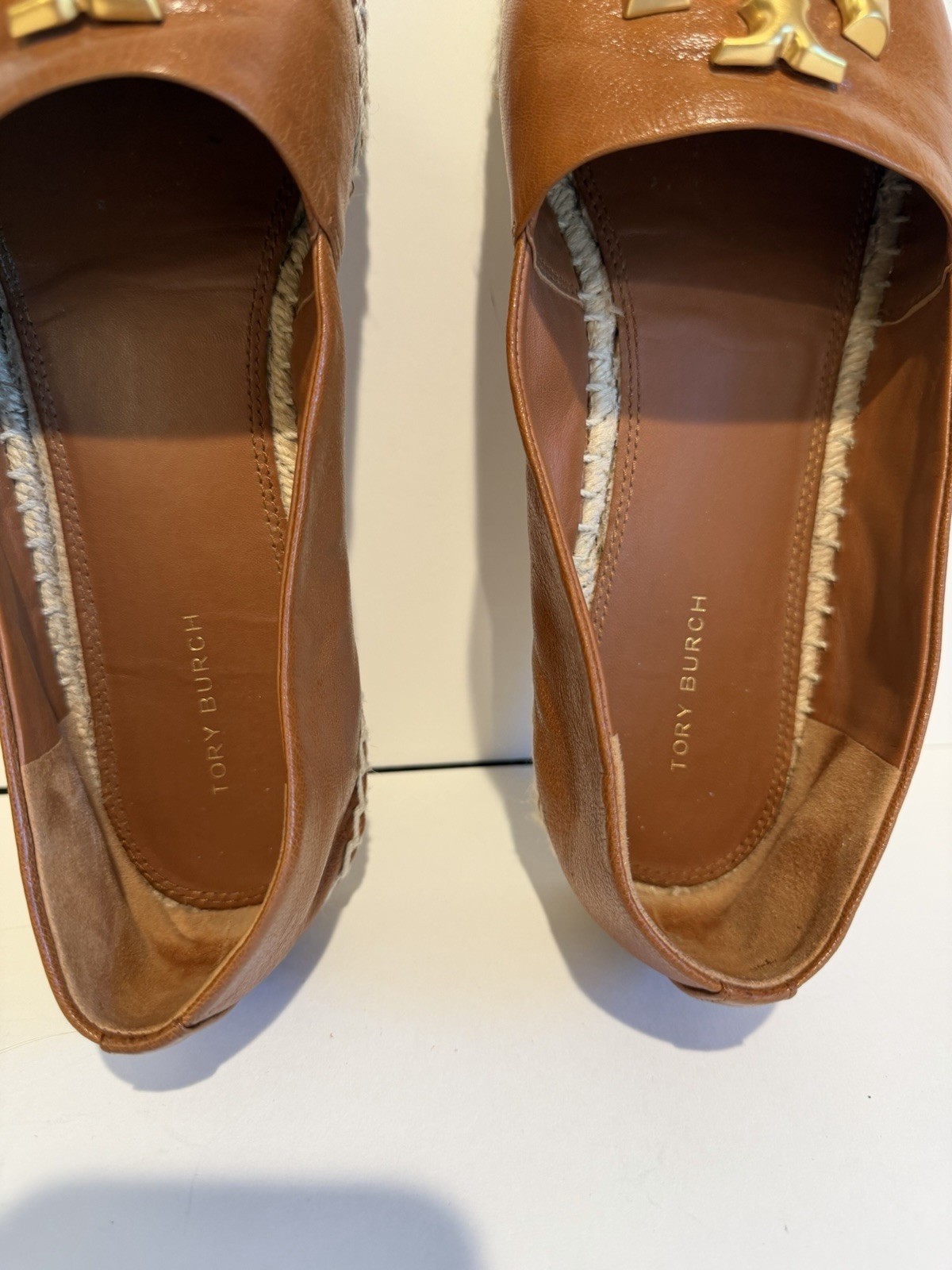 Tory Burch Eleanor Calf Leather Espadrille Flats Bourbon Gold Size 10 Box