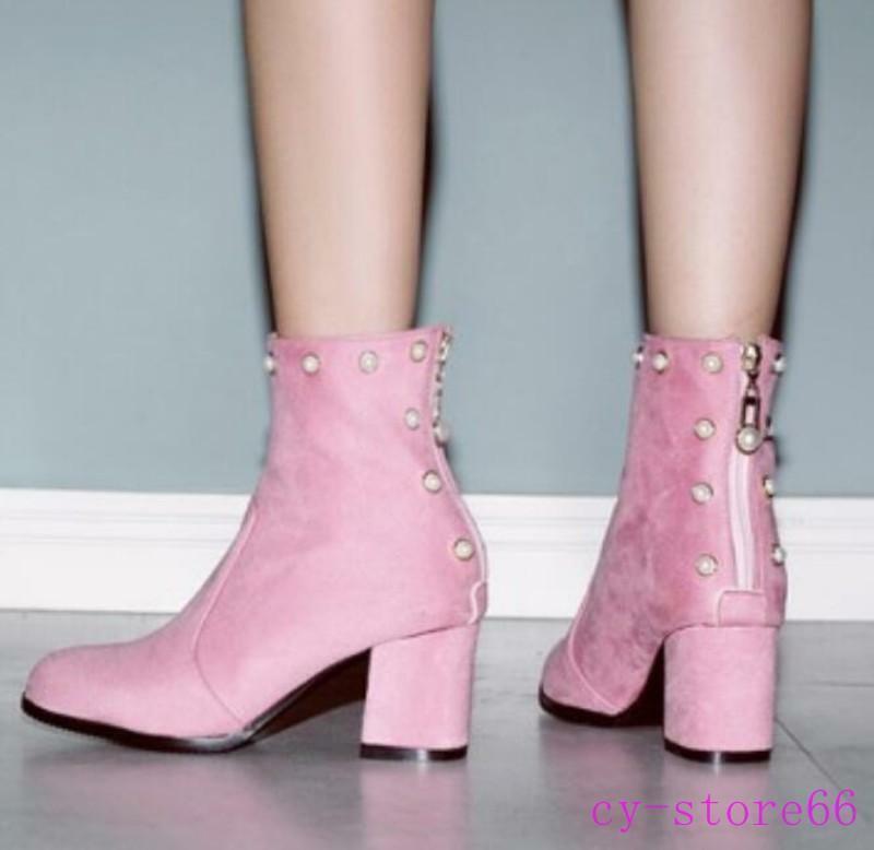 Womens Pearls Zipper Ankle Boots High Chunky Heel Casual Suede Shoes Clubwear