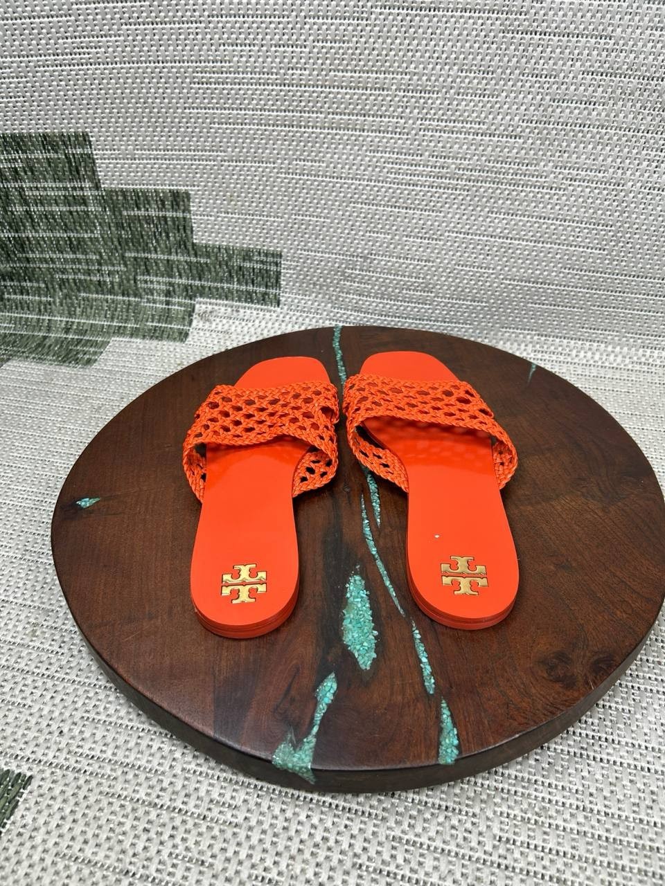 Tory Burch Sandals Womens Size 8 M Slides Desert Flower Orange Woven Leather
