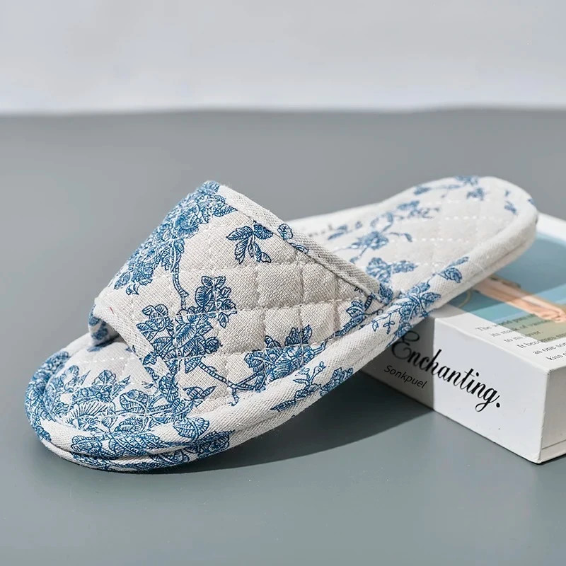 Women Home Slippers Soft Cotton Floral Floor Shoes Antislip Bedroom Slippers Lig
